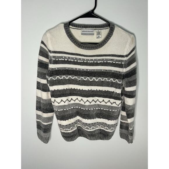 VTG Alfred Dunner Women's Petite Small Sweater Acrylic Rayon Grey White Sequin - Picture 1 of 7